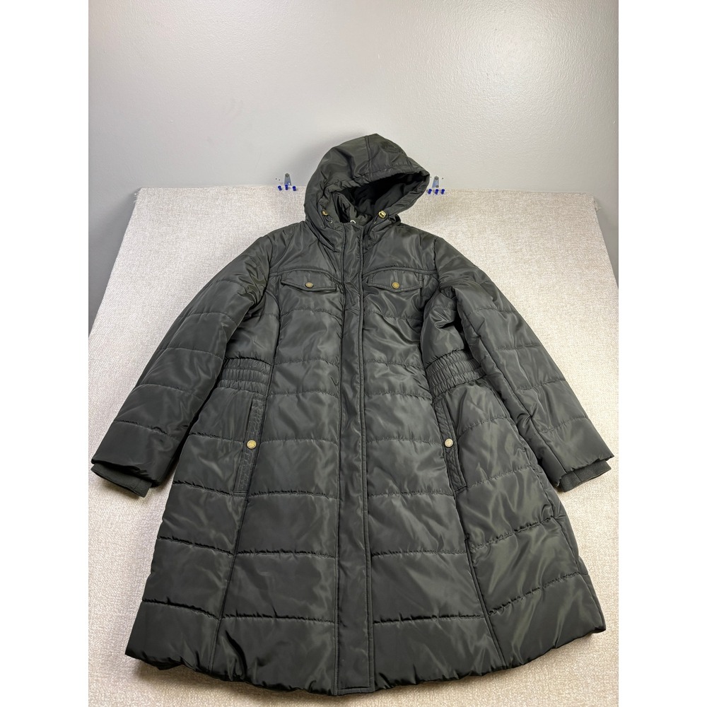 Lucky Brand Womens 2X Long Puffer Coat Hooded Quilted Winter Jacket Dark Gray
